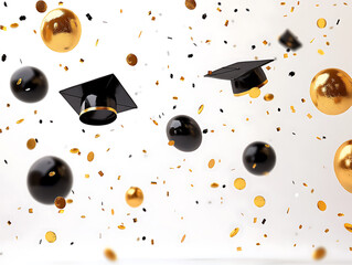 Leinwandbilder - Falling black and gold graduation caps background with confetti and balloons on white background
