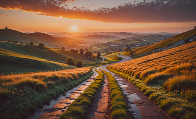 Fototapete - Road with a sunset in the background. The road is wet and muddy. There are trees in the background