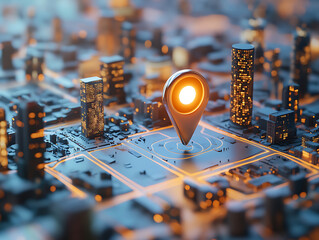 Poster - Geofencing technology, a stylized, miniature city model with a large geo pin prominently placed, the use of geofencing in urban areas for marketing, security, and logistics