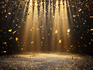 Poster - Golden confetti rain on festive stage with light beam in the middle, empty room at night mockup with copy space for award ceremony, jubilee, new year's party or product presentations