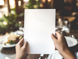 Poster - Hand holdin a blank menu paper, luxury restaurant table with a plate and silver cutlery background, blank mock up menu sheet