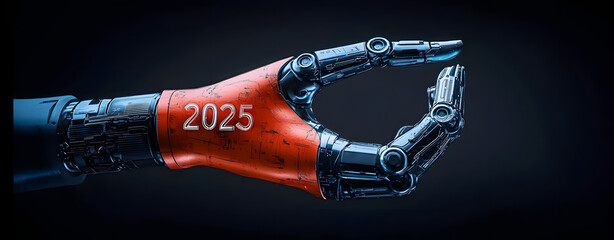 Wall Mural - robotics hand holding or showing on the year 2025 to welcome new technology,deep learning,symbolizin