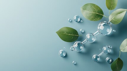 Wall Mural -   Green leaves surround a water droplet on a blue surface, with another water droplet resting atop