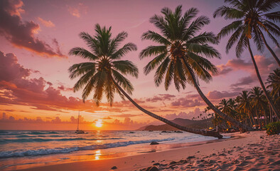 Poster - Beach with palm trees and a sunset in the background. The sun is setting and the sky is orange