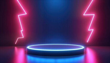 Aufkleber - Empty illuminated stage with neon lightning flashes. 3D platform perfect for products. Promotion sale banner design with futuristic cyber feel. Modern studio backdrop. Perfect for e-commerce