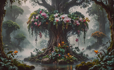 Poster - Tree with pink flowers is surrounded by plants. The tree is in a forest