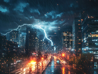 Poster - Spectacular thunderstorm with bright flashes and heavy rain in nocturnal urban scene