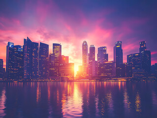 Poster - Sunset of city skyline at business district, marina bay sands hotel at night, singapore