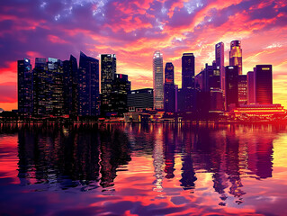 Poster - Sunset of city skyline at business district, marina bay sands hotel at night, singapore