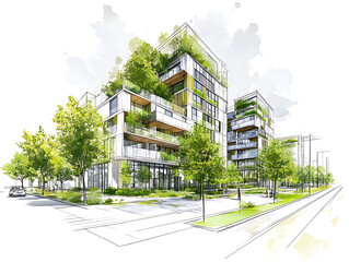 Fototapete - Sustainable development project sketch, green building and trees, urban planning, green space, and environmental sustainability, with energy efficiency and reduced carbon footprint