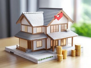 Poster - The concept of price appreciation of real estate and country houses, model house with a rising red arrow and coin stacks, real estate investment and property value appreciation