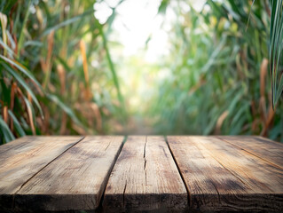 Aufkleber - The empty wooden brown table top with blur background of sugarcane plantation, exuberant image, , for montage or display products