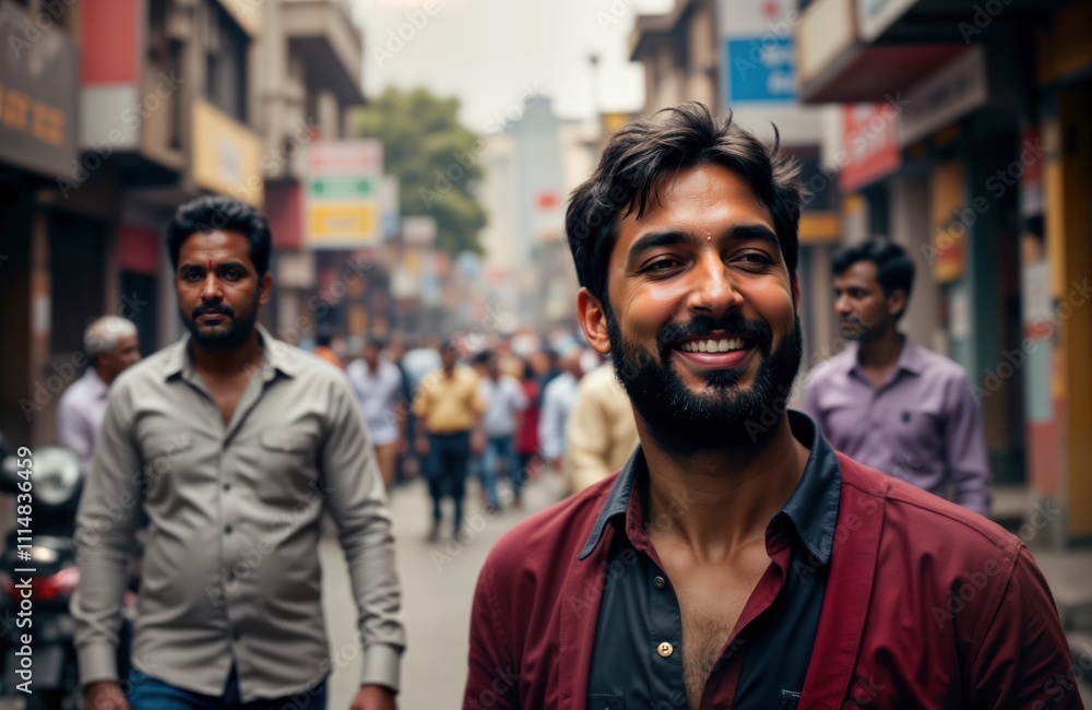 Indian man walks city street smiling happily. Casual attire. Busy urban ...