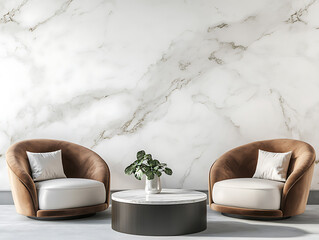 Poster - Two brown lounge chairs against white sofa and round coffee tables, mid-century home interior design of modern living room with marble wall