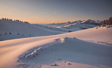 Poster - Snow covered mountain range with a snow covered hill in the foreground. The sun is setting in the background