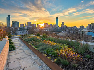 Poster - Urban green roof garden overlooking the city skyline