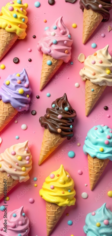 Colorful ice cream cones in different colors, flavors arranged on pink ...
