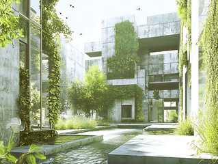 Fototapete - Urban project planning, green sustainable design, creating eco friendly spaces, promoting energy efficiency, and integrating renewable energy sources for a low impact urban environment
