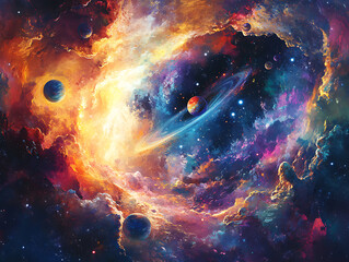 Fototapete - Vibrant abstract space background with cosmic planets and celestial elements