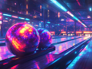 Poster - Vibrant neon-lit bowling balls on a polished lane at a modern bowling alley