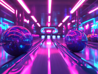 Poster - Vibrant neon-lit bowling balls on a polished lane at a modern bowling alley