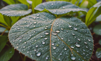 Poster - Leaf with water droplets on it. The droplets are small and scattered. The leaf is green and has a shiny appearance
