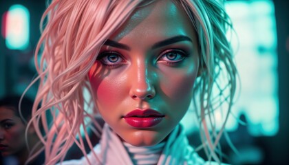Fototapete - Close-up portrait of female humanoid robot. Futuristic look with pink hair, vibrant makeup. Stylish, modern design. Robot appears sophisticated, serious expression. Possible use for tech articles,