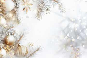 Wall Mural - Festive white and golden Christmas background with decorations and snowflakes for celebrations. Copy space