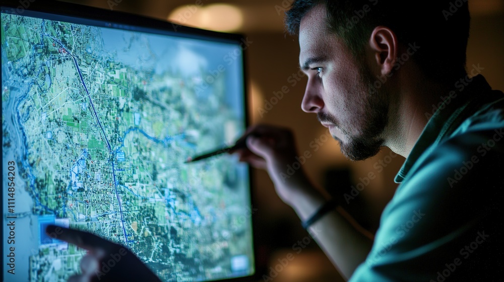 A GIS developer coding and working with digital maps on a computer ...