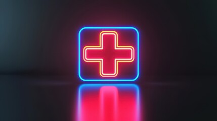 A glowing neon red cross symbol surrounded by a blue outline, reflecting on a dark surface, representing healthcare or medical services.