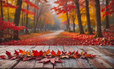 Poster - Wooden table has a row of red leaves on it. The leaves are arranged in a neat line, creating a beautiful autumn scene. The table is placed outdoors, possibly in a park or garden