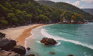 Poster - Rocky beach with a large body of water in the background. The water is blue and the rocks are scattered throughout the beach