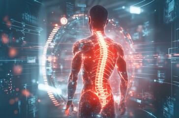 Sticker - Futuristic digital representation of human anatomy with a highlighted spine in a vibrant sci-fi interface