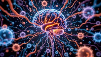 Poster - 3D illustration shows human brain central nervous system, nerve cells. Microscopic view of brain core, sensory transmission. Colorful nerve cells extend from brain into network. Microscopic view.