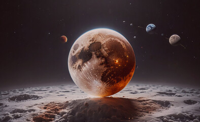 Wall Mural - Large planet with a moon and several smaller planets in the background. The moon is in the center of the image