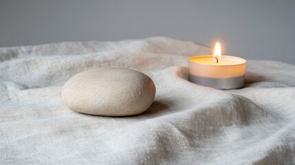 Sticker - Lit candle and smooth stone on linen fabric.