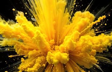 Aufkleber - Abstract explosion of vibrant yellow powder against black background. Colorful burst of yellow, white powder. Powdery substance forms dynamic abstract shape. High-energy motion, creative artistic