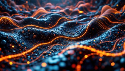 Fototapete - Abstract tech illustration shows data flow patterns. Dynamic energy lines, particles create futuristic graphic. Complex digital network visualized in space. Modern design concept for high tech