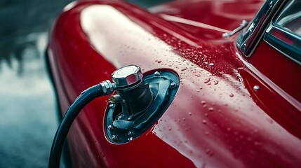 Red Vintage Car Gas Tank Detail with Water Drops