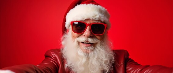 Wall Mural - Santa Claus is depicted in a humorous pose, as if taking a selfie. He wears a red leather jacket, a full white beard, and trendy red-framed sunglasses, with a neutral to slightly smiling expression.