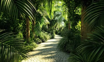 Wall Mural - A serene pathway through a lush, tropical forest, inviting exploration and tranquility.