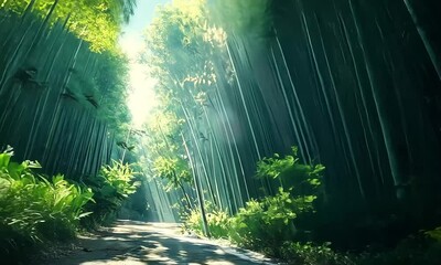 Wall Mural - A serene bamboo forest path illuminated by soft sunlight, creating a tranquil atmosphere for reflection and nature appreciation.