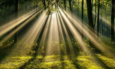 Wall Mural - A serene forest scene with sunlight streaming through trees, creating a tranquil atmosphere and highlighting the beauty of nature.