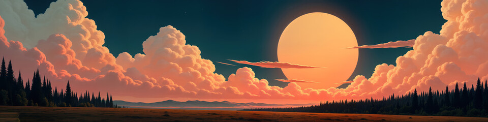 Aufkleber - Surreal landscape painting with large glowing orb illuminating huge clouds in sunset sky. Vast field stretches to dark forest line. Color palette evokes peaceful tranquility. Artistic digital
