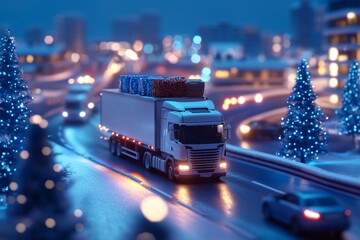 Wall Mural - Winter industrial scene  white truck with cargo amidst modern buildings and festive christmas trees