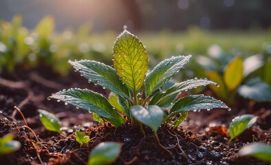 Poster - Small plant with green leaves and water droplets on it. The plant is surrounded by other plants