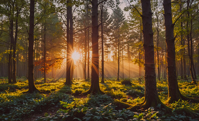 Poster - Forest with trees and a sun shining through the trees. The sun is in the sky and the trees are in the foreground