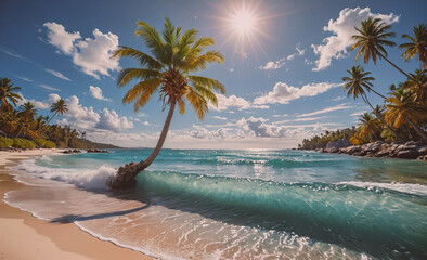 Fototapete - Palm tree is on the beach next to the ocean. The water is blue and the sky is clear