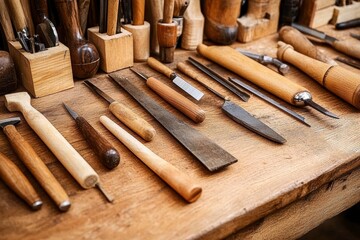 Wall Mural - Woodworking Table with Handmade Carving Tools for Woodcraft and Joinery