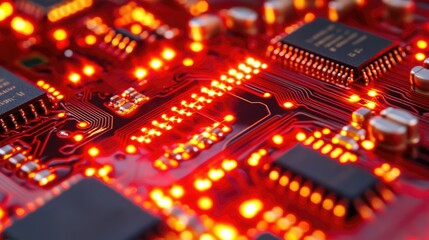 Poster - A close-up of a high-tech circuit board with glowing red lines and intricate patterns, showcasing futuristic technology.